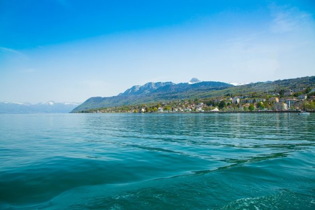 View from ferry boat of Lake Geneva and Evian-les-Bains city, France